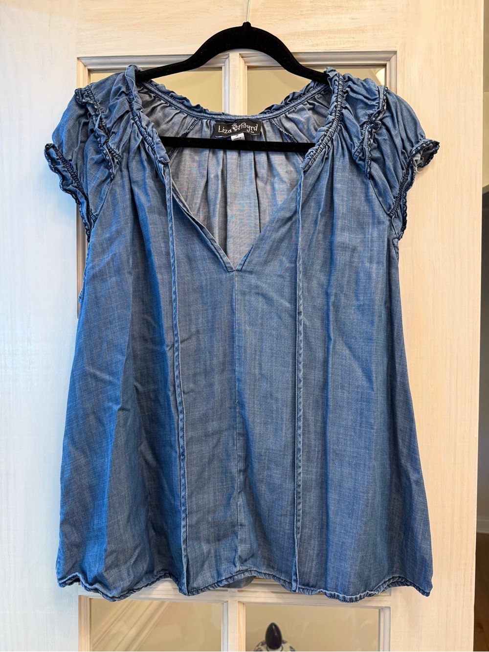 Liza Byrd Blue Chambray V-Neck Peasant Tunic